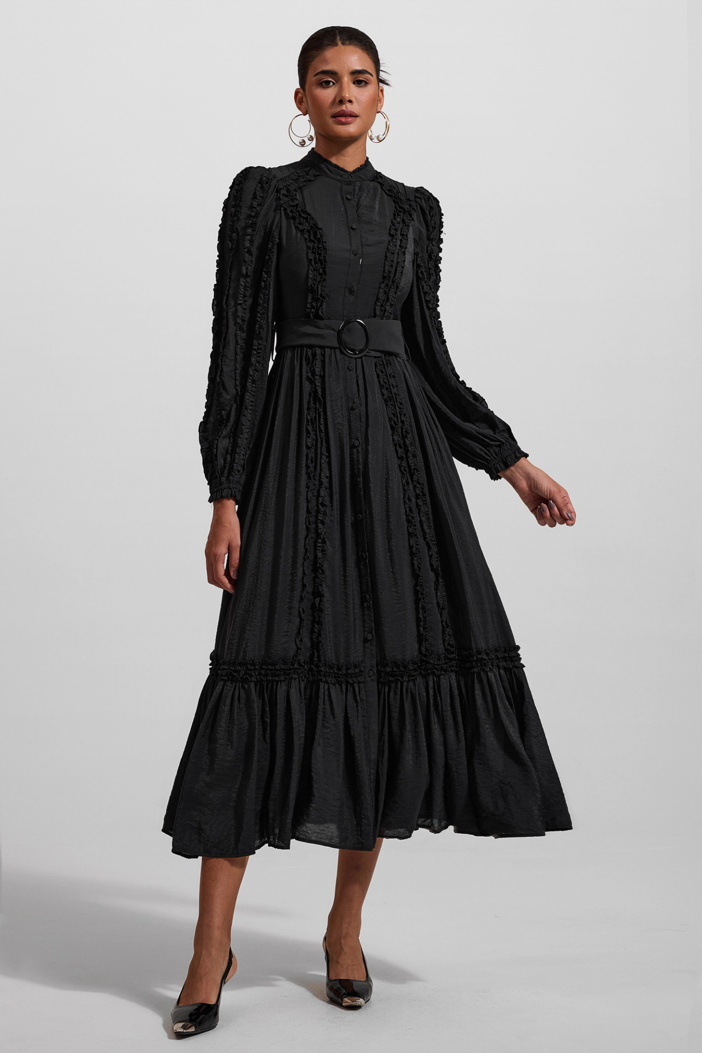 Solid Lantern Sleeve Stand Collar Midi Dress