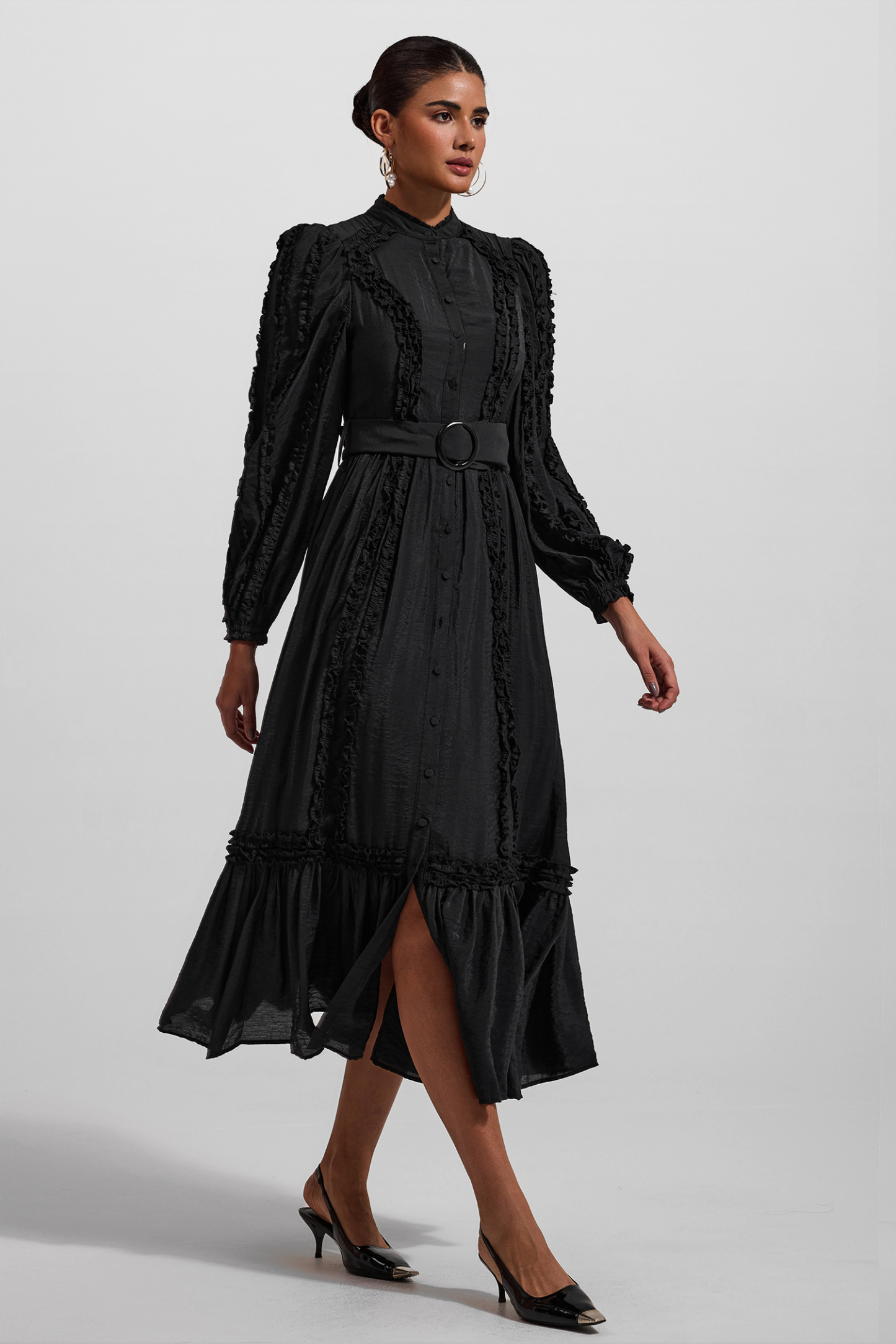 Solid Lantern Sleeve Stand Collar Midi Dress