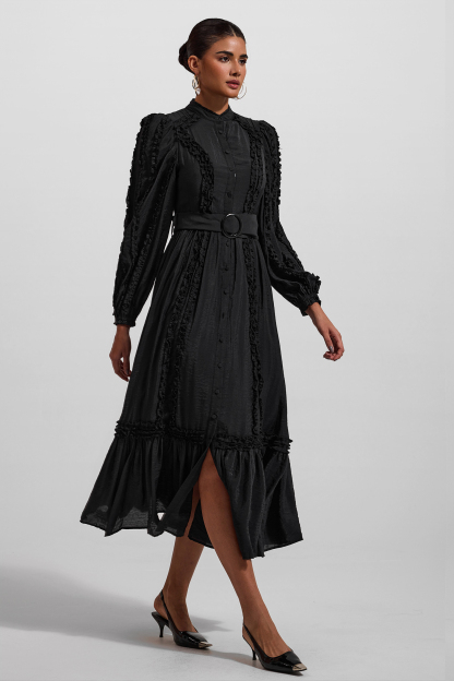 Solid Lantern Sleeve Stand Collar Midi Dress