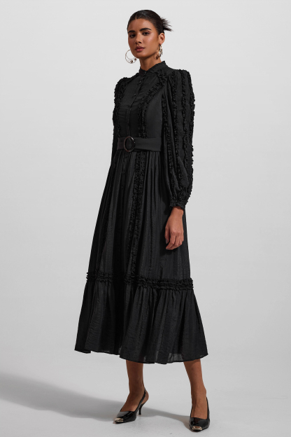 Solid Lantern Sleeve Stand Collar Midi Dress