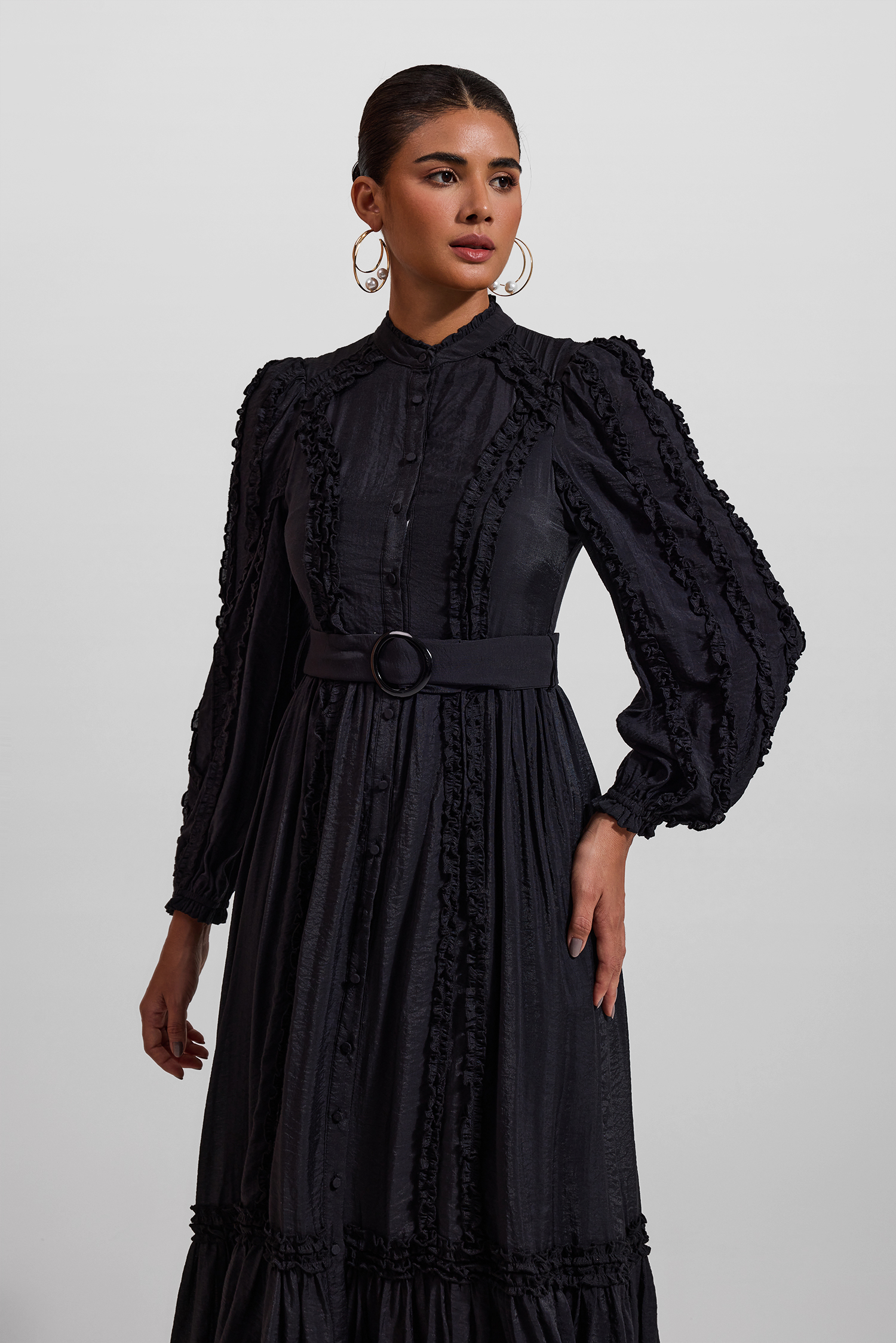 Solid Lantern Sleeve Stand Collar Midi Dress
