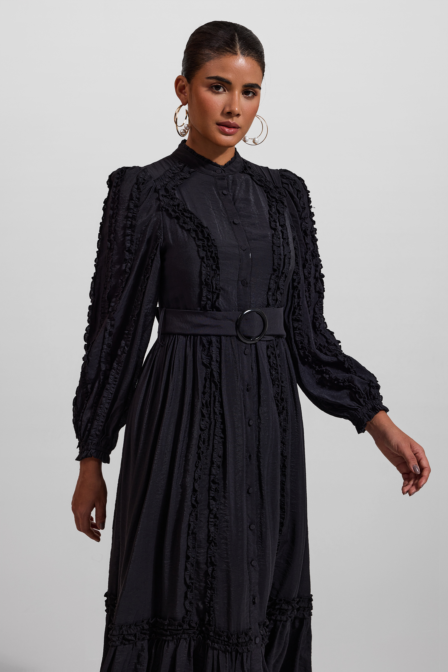 Solid Lantern Sleeve Stand Collar Midi Dress