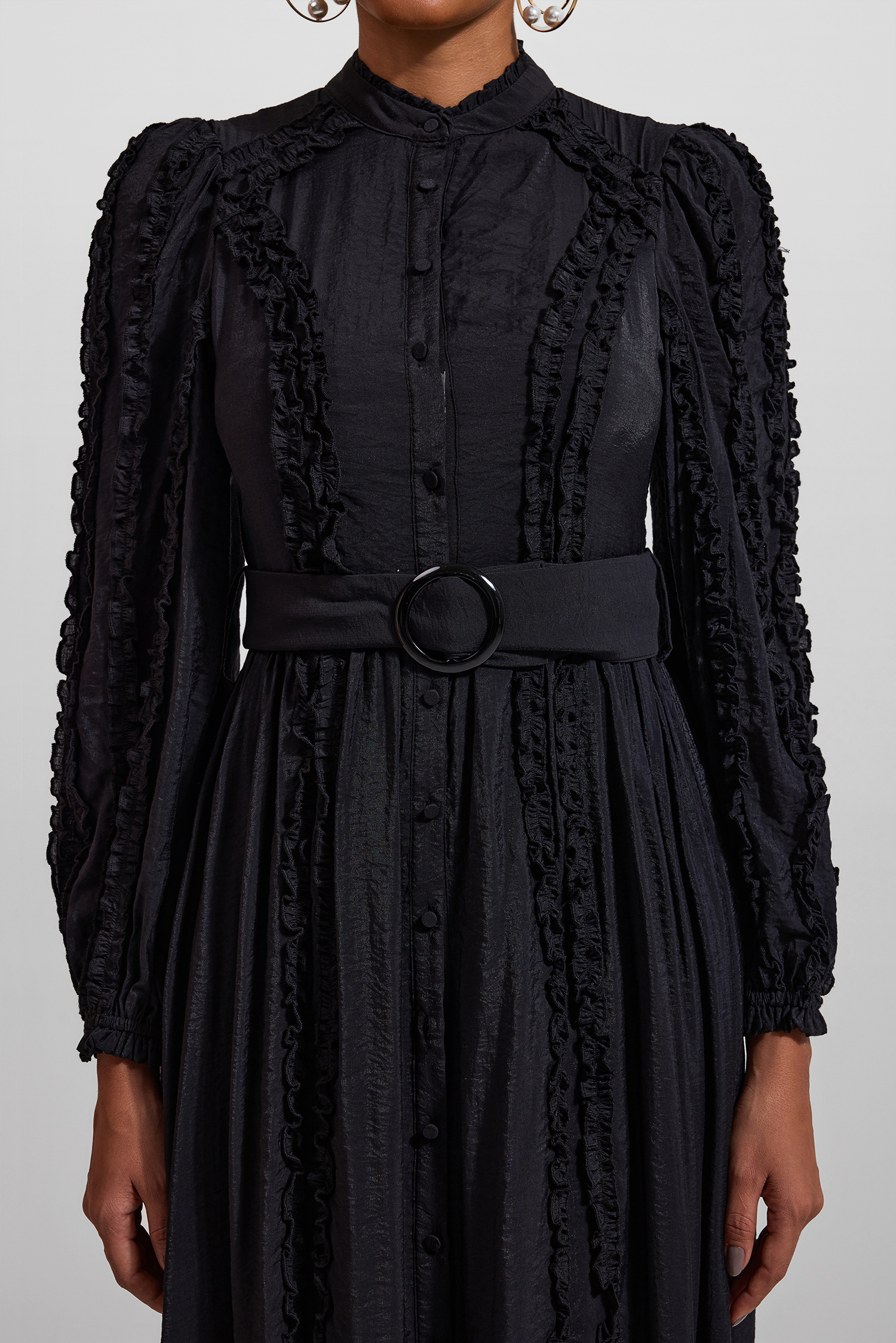 Solid Lantern Sleeve Stand Collar Midi Dress