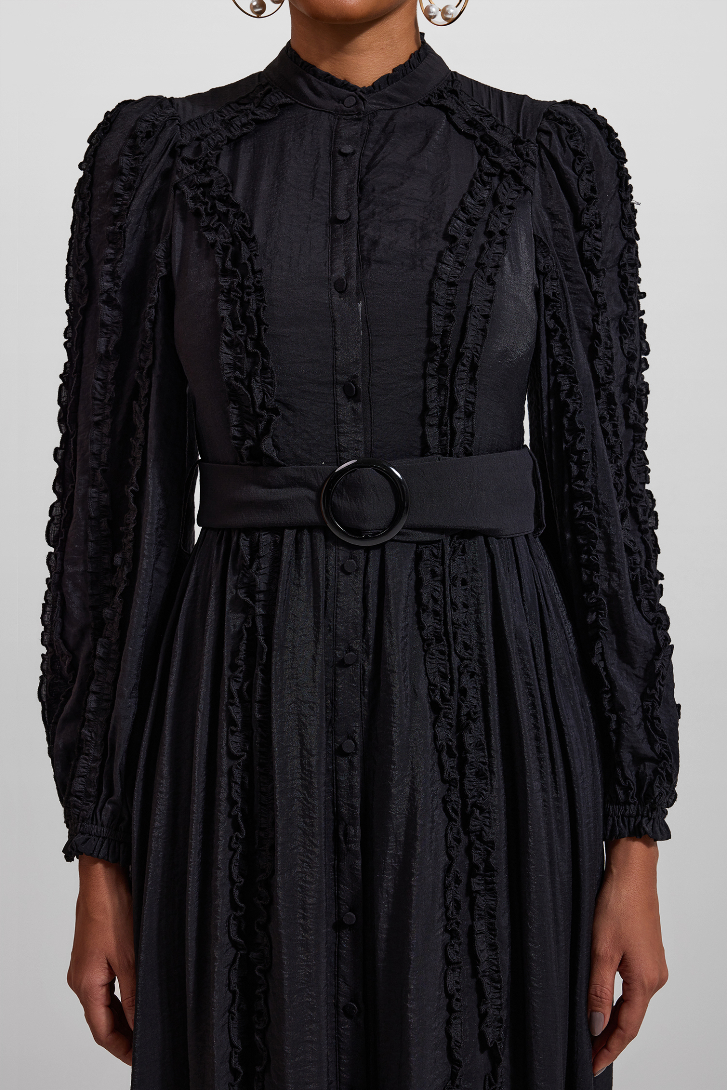 Solid Lantern Sleeve Stand Collar Midi Dress