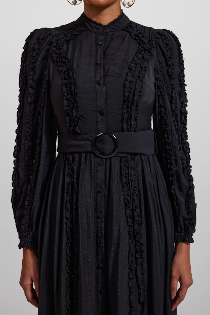 Solid Lantern Sleeve Stand Collar Midi Dress