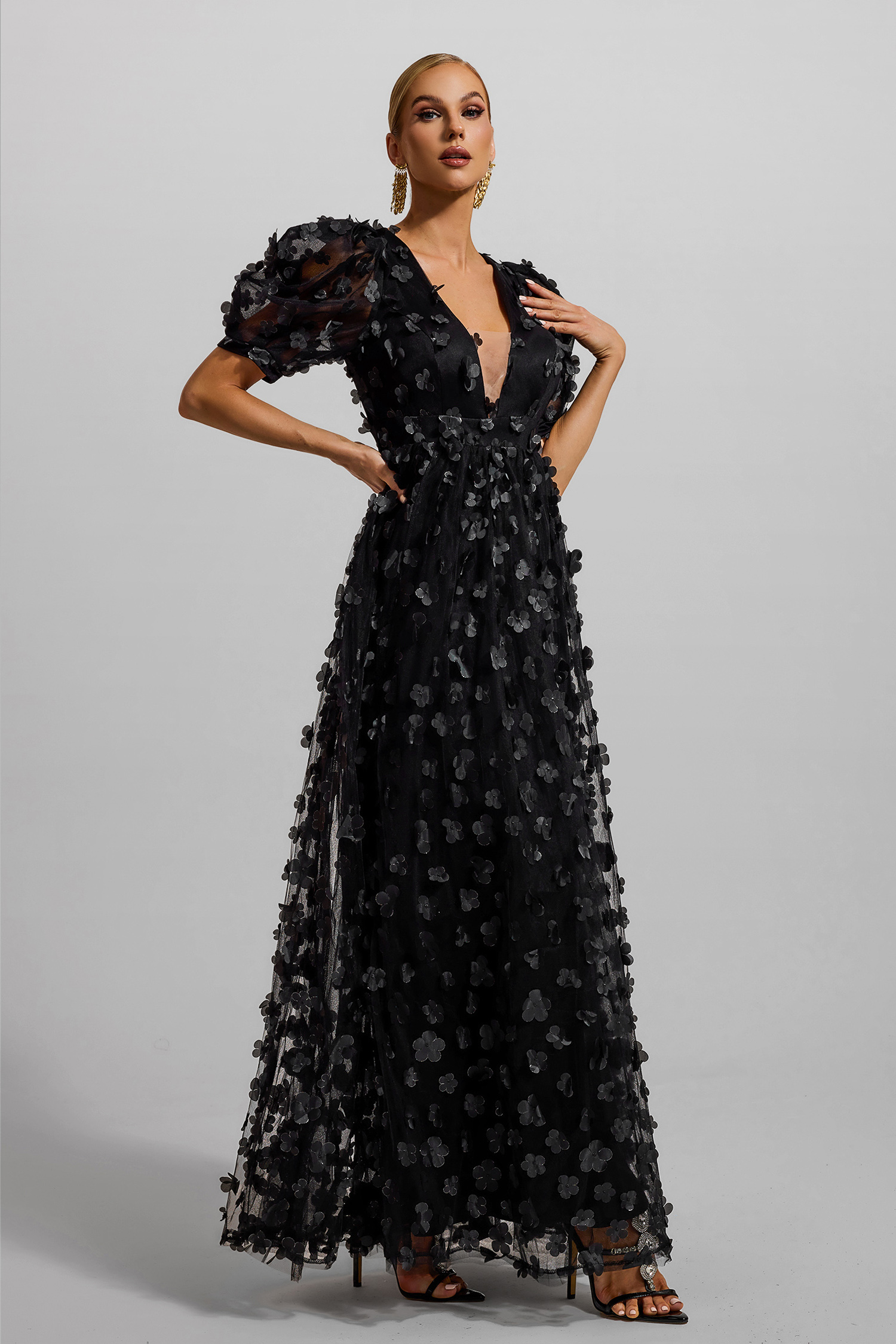 3D Floral Solid Puff Sleeve Maxi Dress  JardinVue