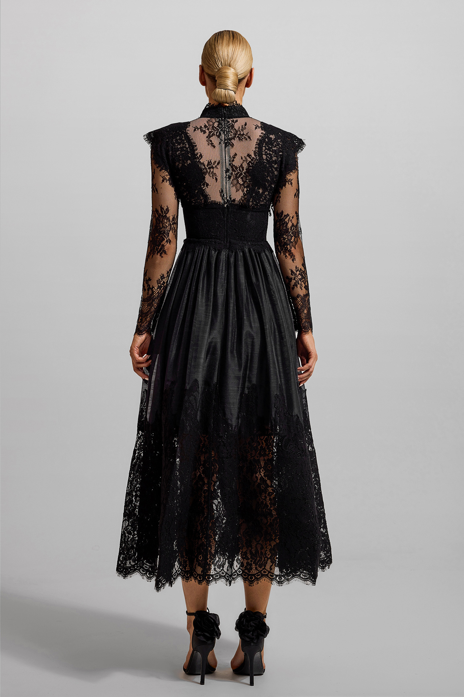 Lace High Neck Long Sleeve Midi Dress