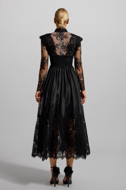 Lace High Neck Long Sleeve Midi Dress