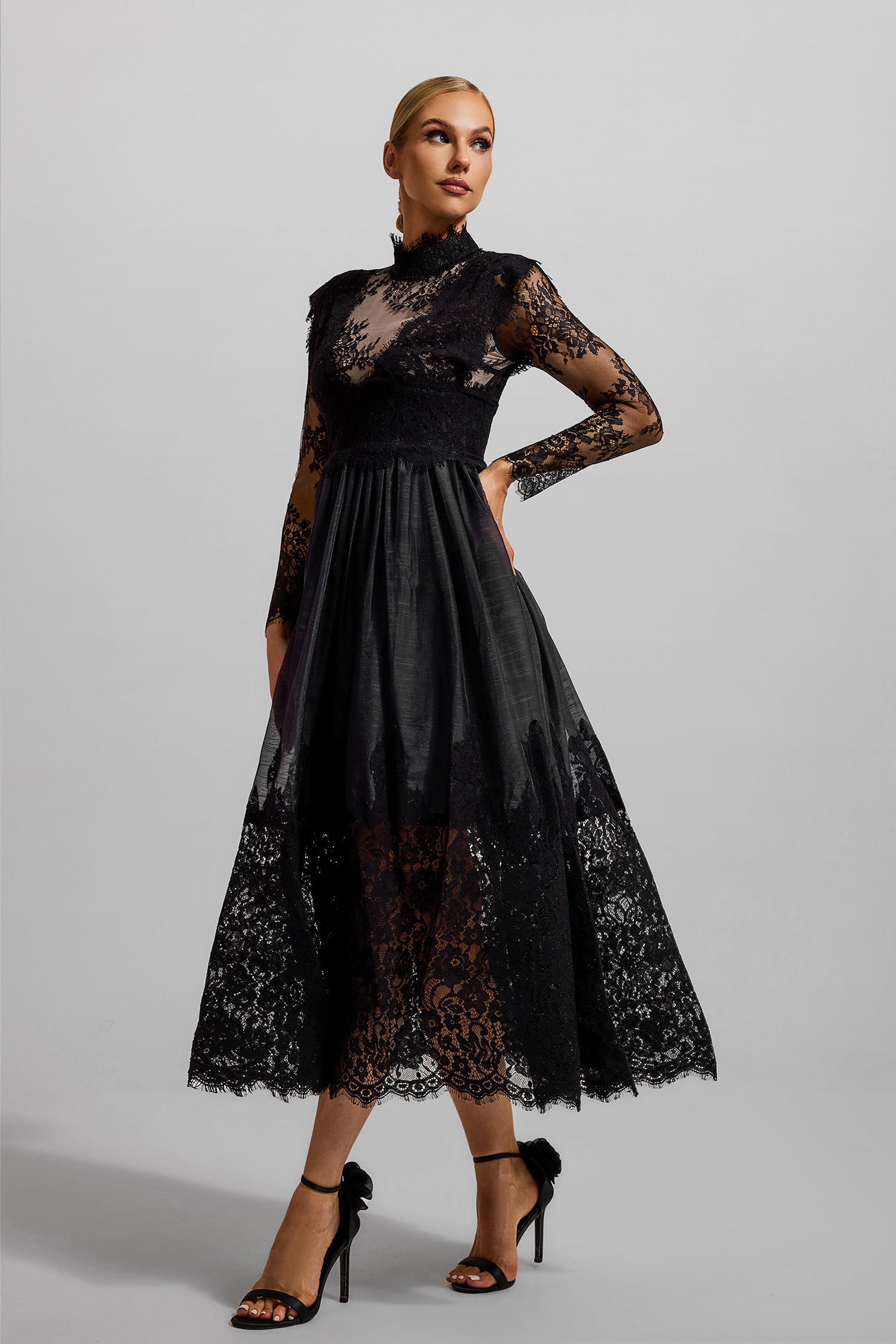 Lace High Neck Long Sleeve Midi Dress