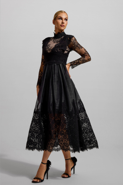 Lace High Neck Long Sleeve Midi Dress