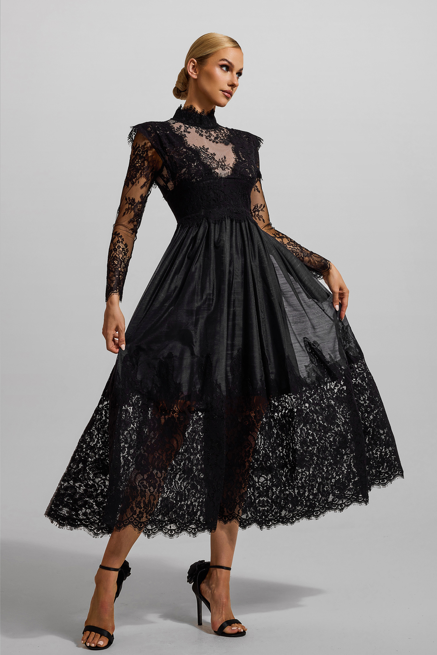 Lace High Neck Long Sleeve Midi Dress