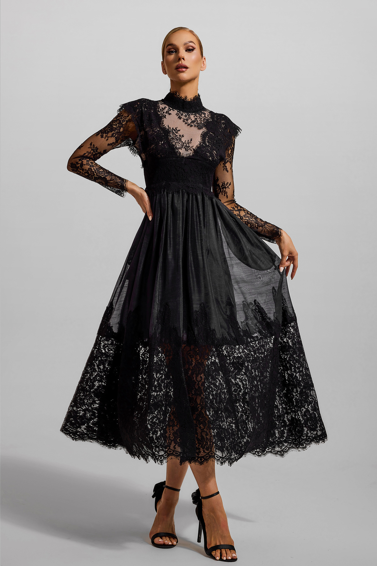 Lace High Neck Long Sleeve Midi Dress