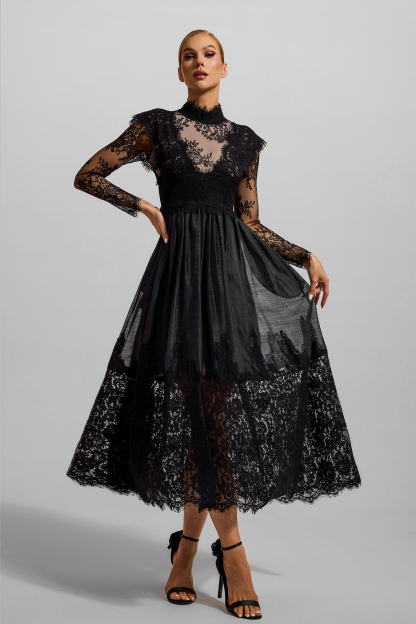 Lace High Neck Long Sleeve Midi Dress