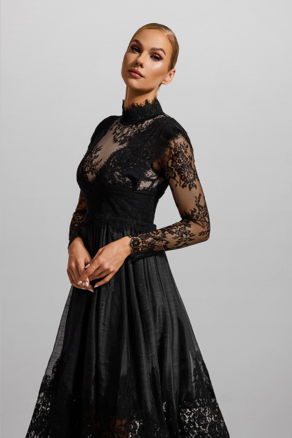Lace High Neck Long Sleeve Midi Dress