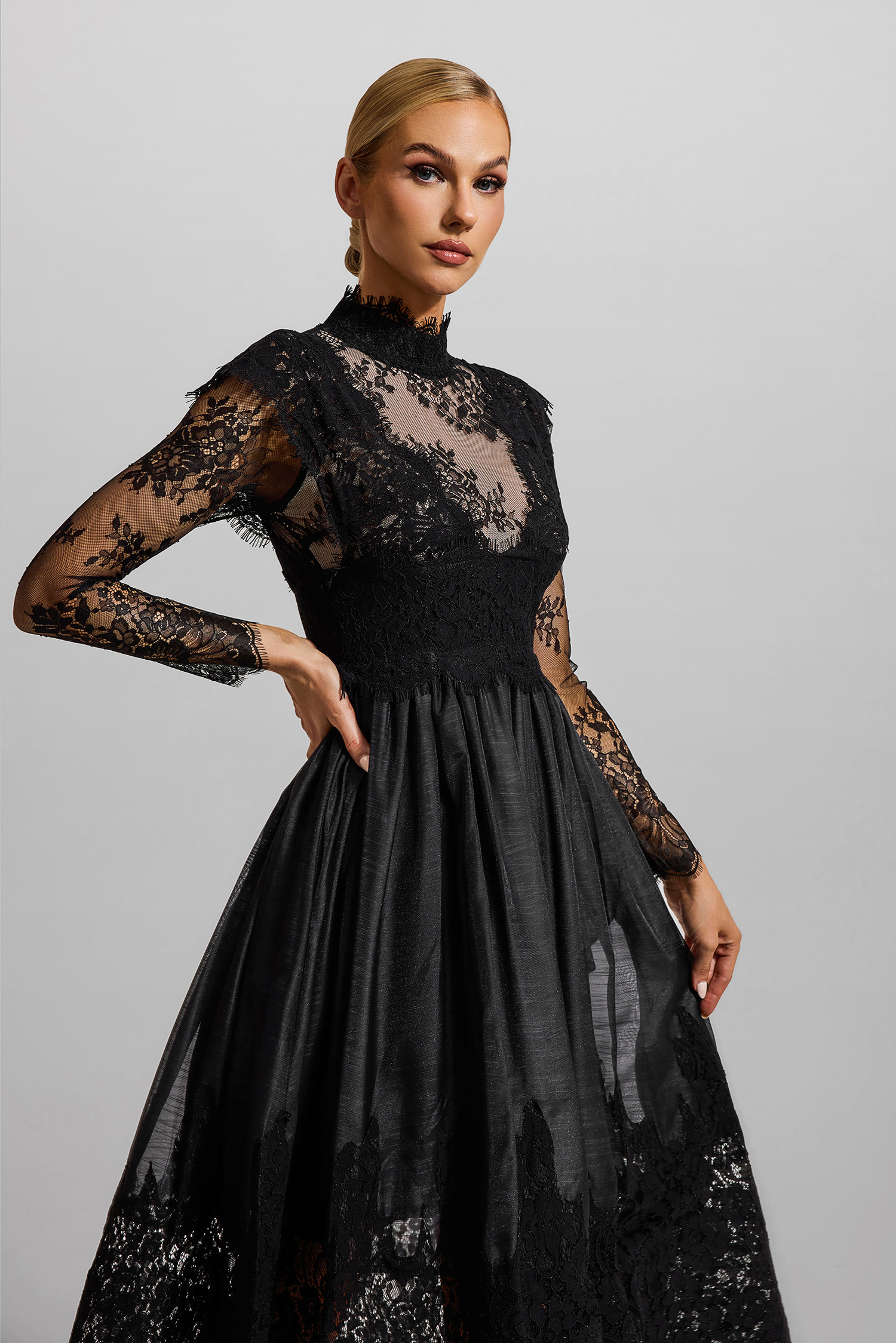 Lace High Neck Long Sleeve Midi Dress
