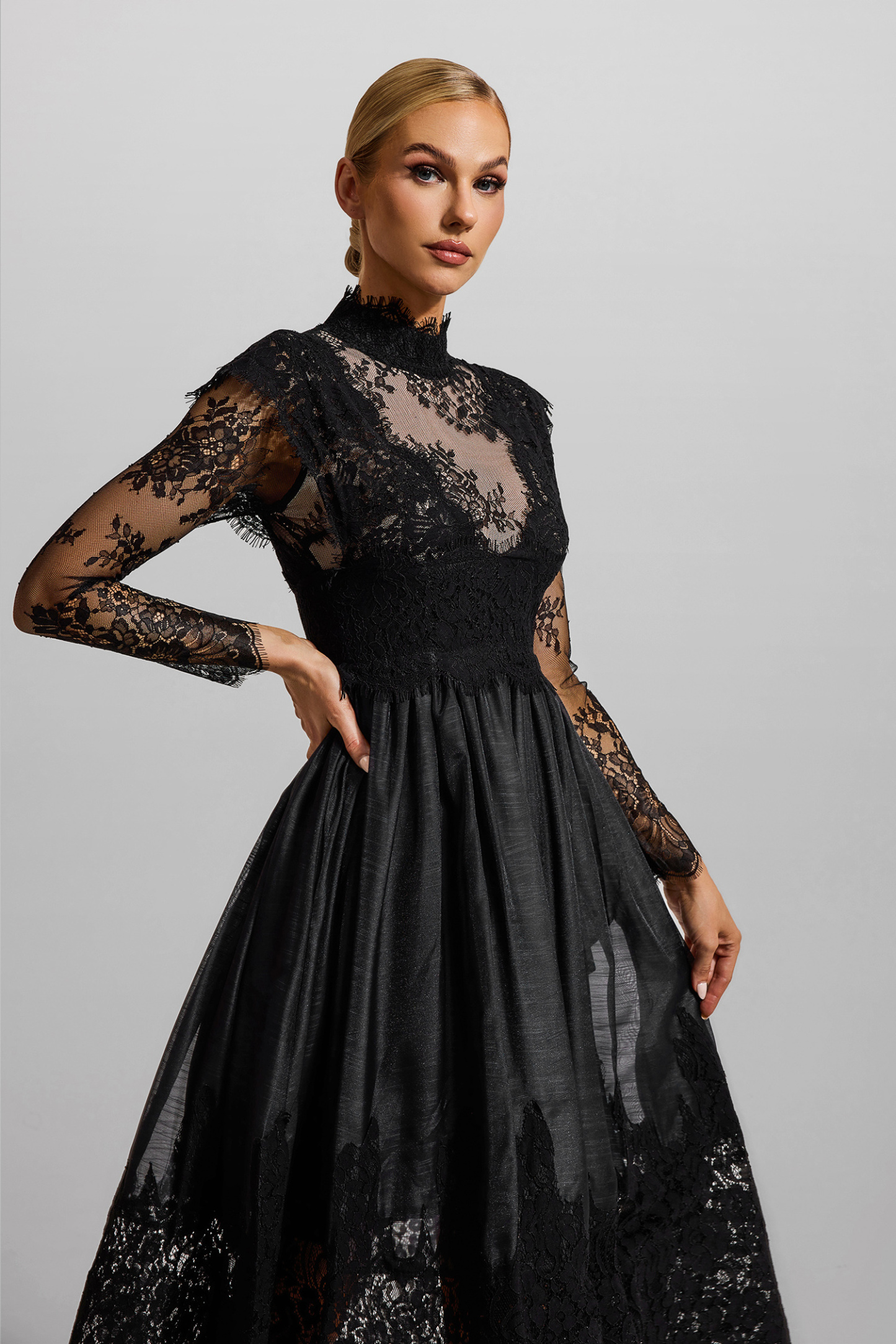Lace High Neck Long Sleeve Midi Dress