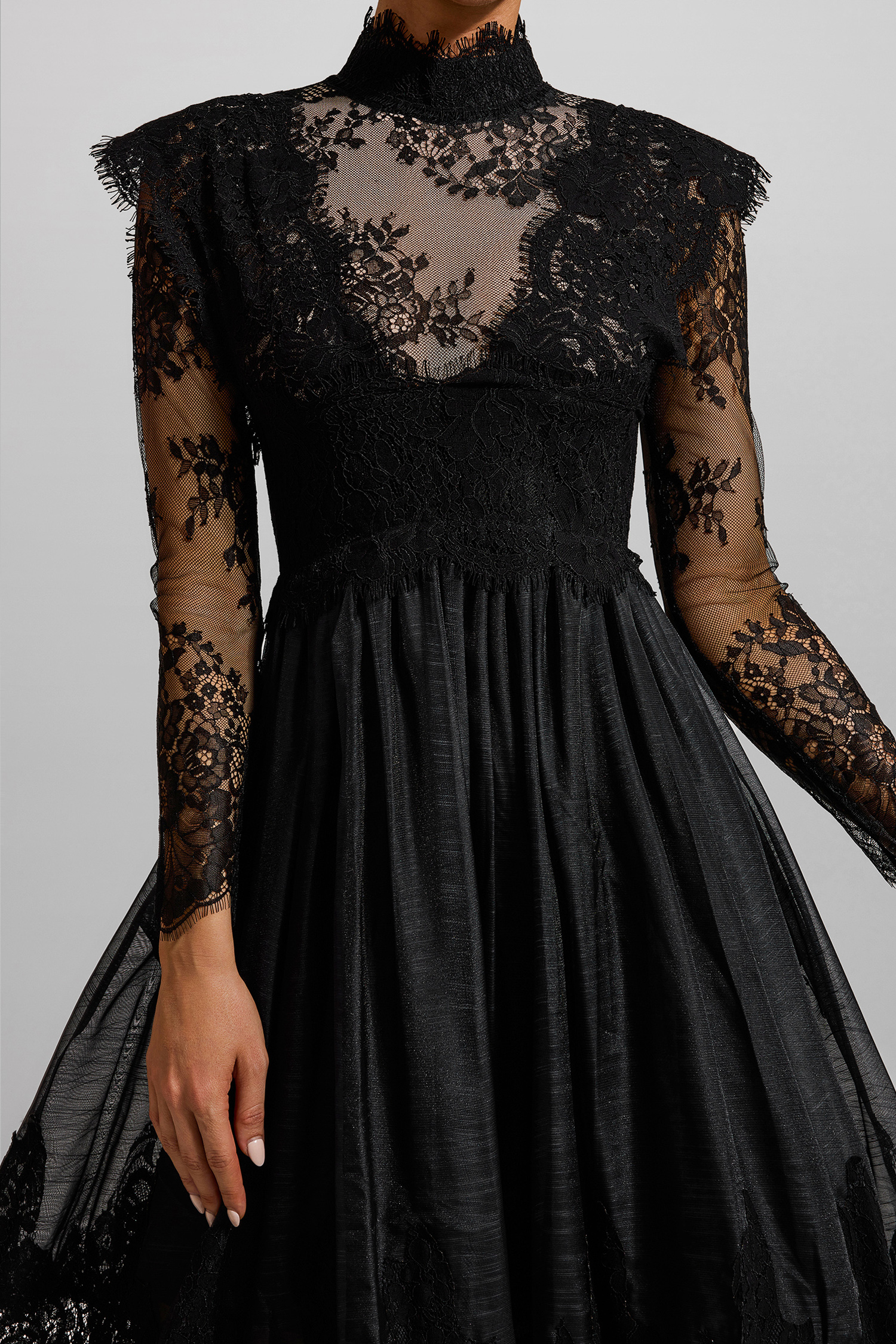 Lace High Neck Long Sleeve Midi Dress