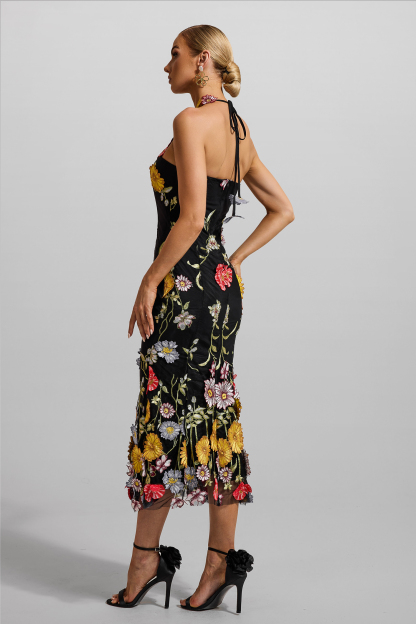 Floral Embroidered Halter Neck Midi Dress