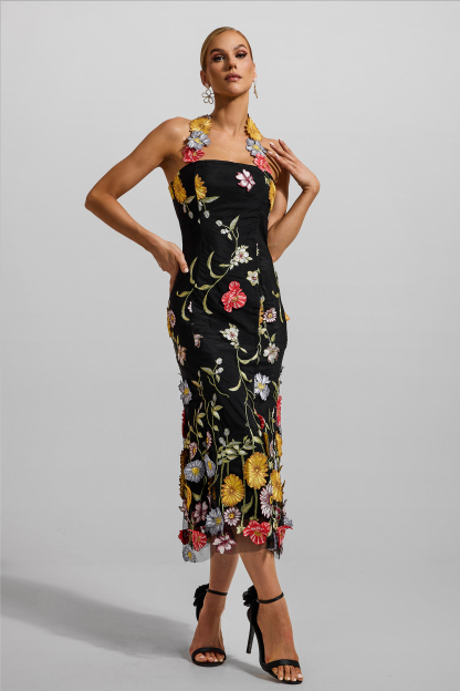 Floral Embroidered Halter Neck Midi Dress
