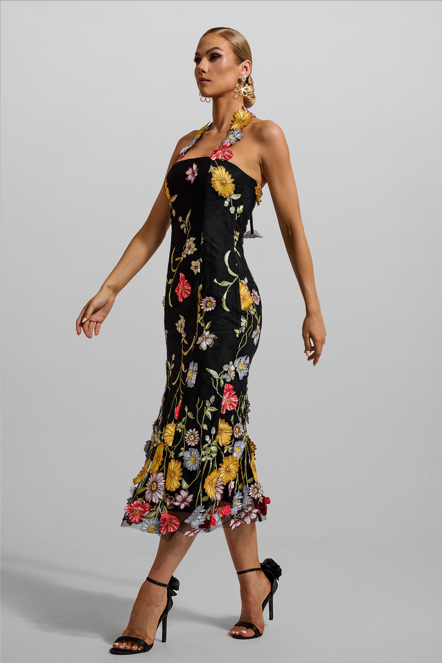 Floral Embroidered Halter Neck Midi Dress