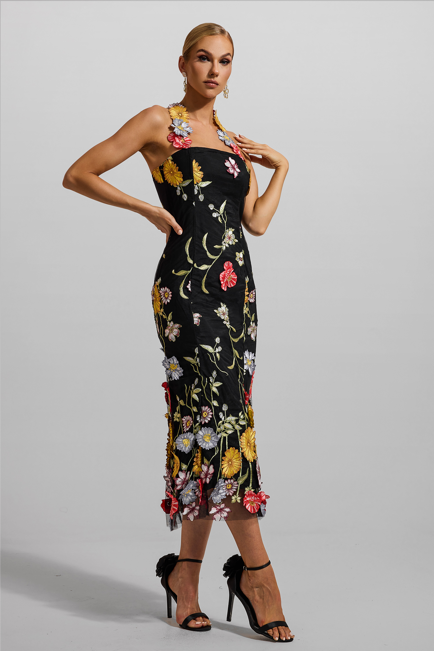 Floral Embroidered Halter Neck Midi Dress