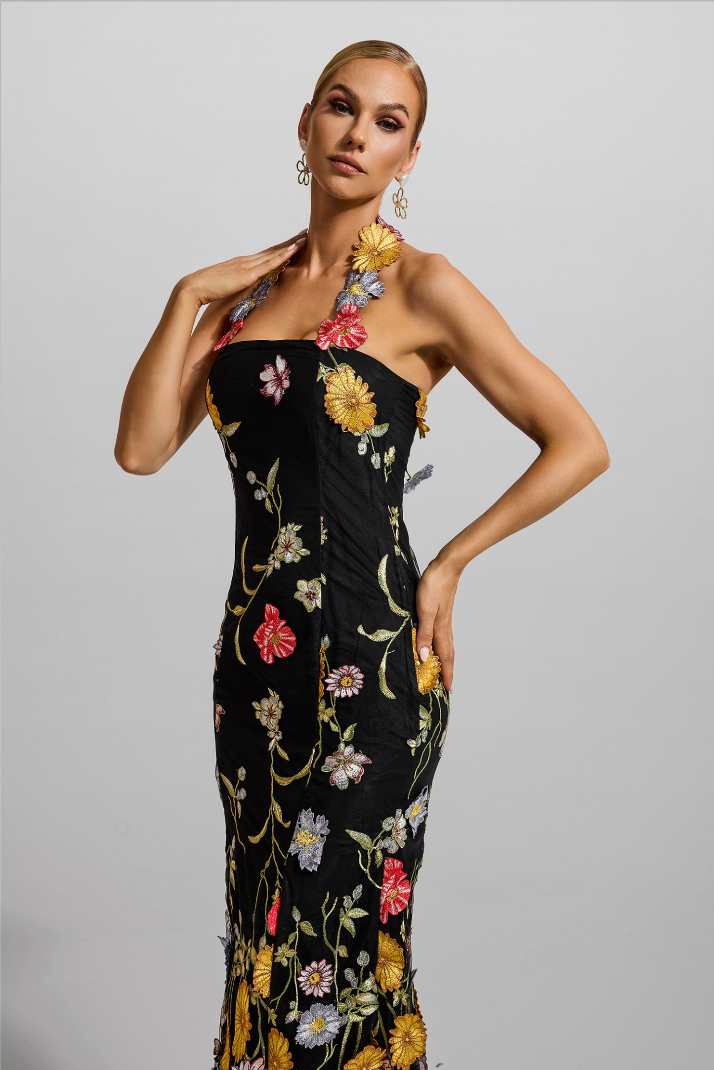 Floral Embroidered Halter Neck Midi Dress