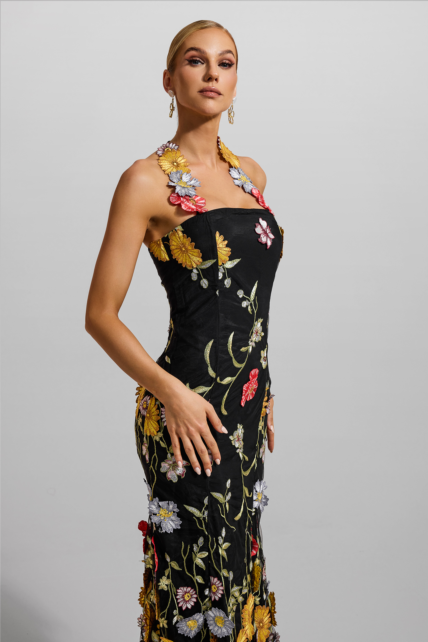 Floral Embroidered Halter Neck Midi Dress