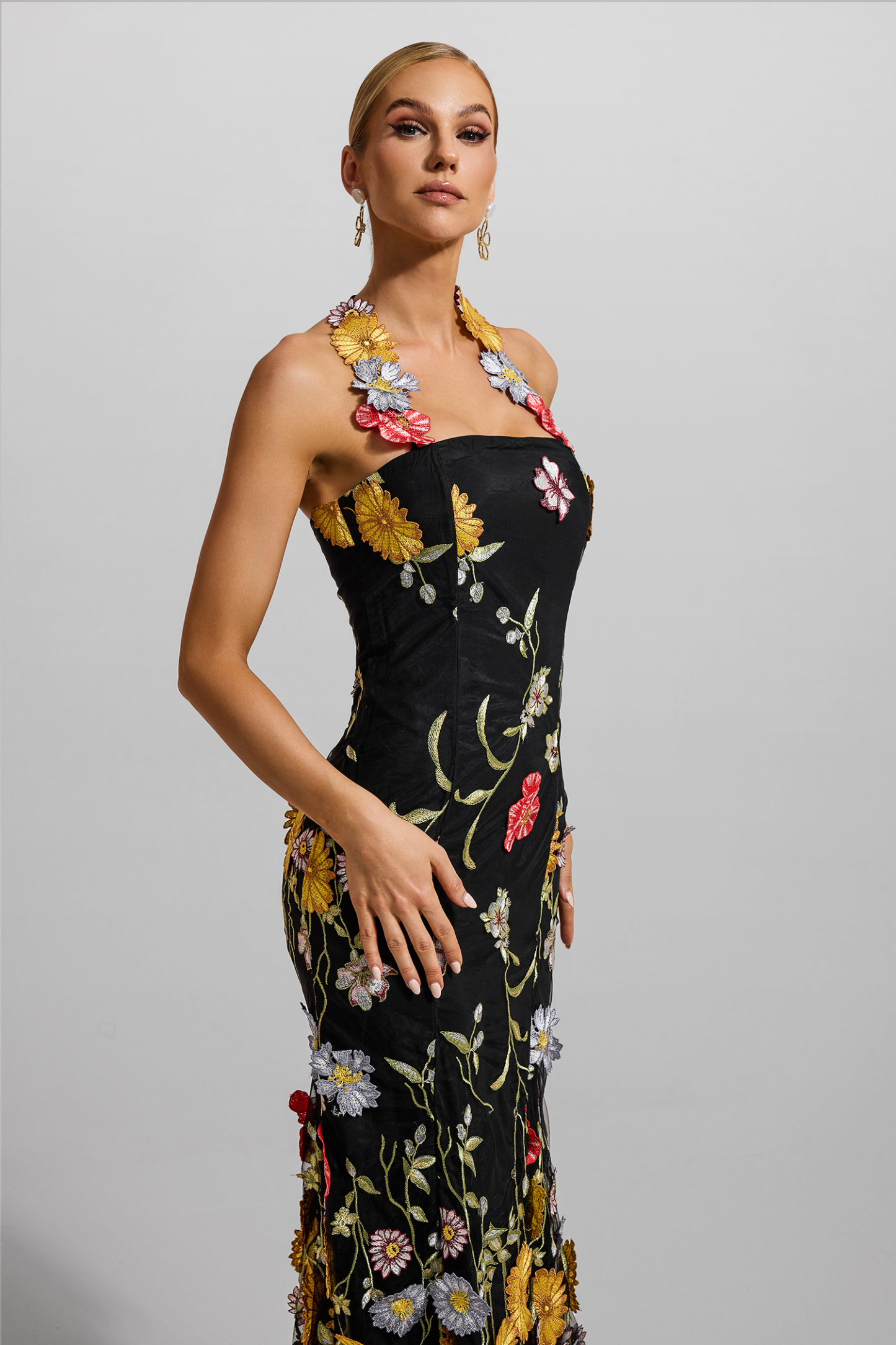 Floral Embroidered Halter Neck Midi Dress