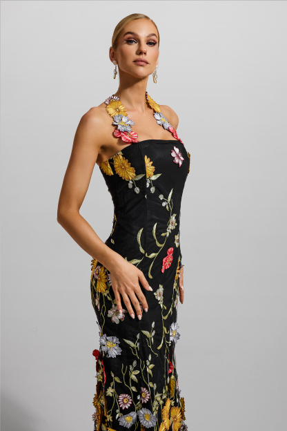 Floral Embroidered Halter Neck Midi Dress