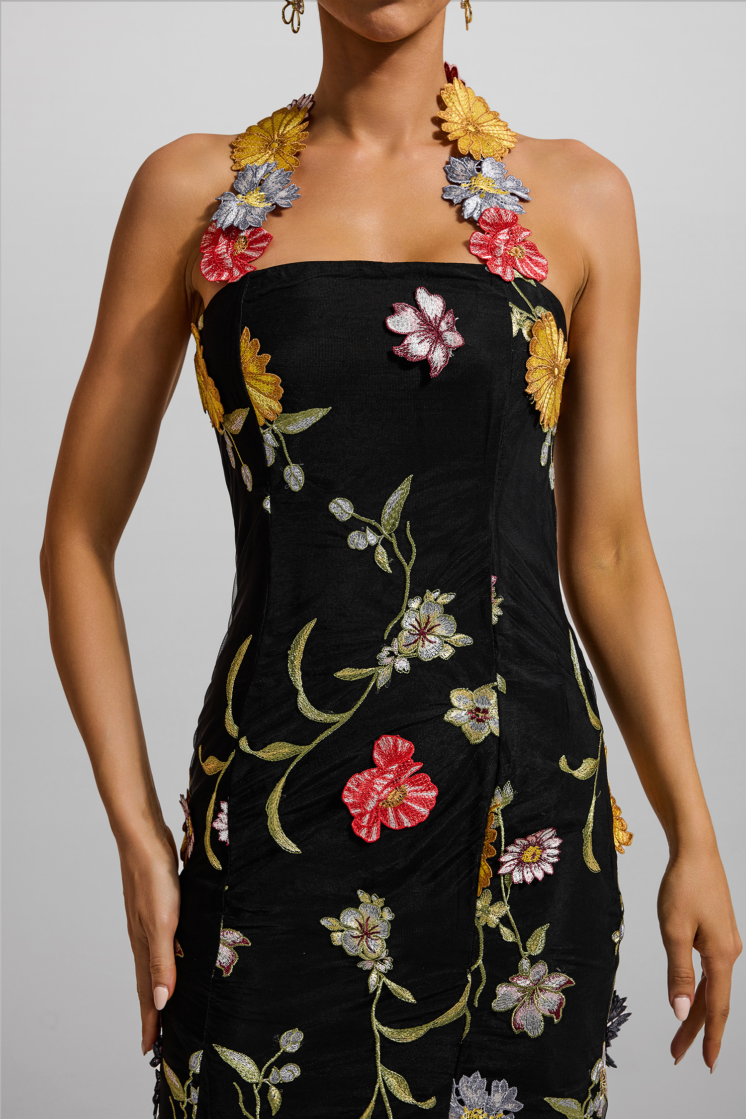 Floral Embroidered Halter Neck Midi Dress