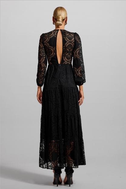 Lace 3D Flower Long Sleeve Midi Dress