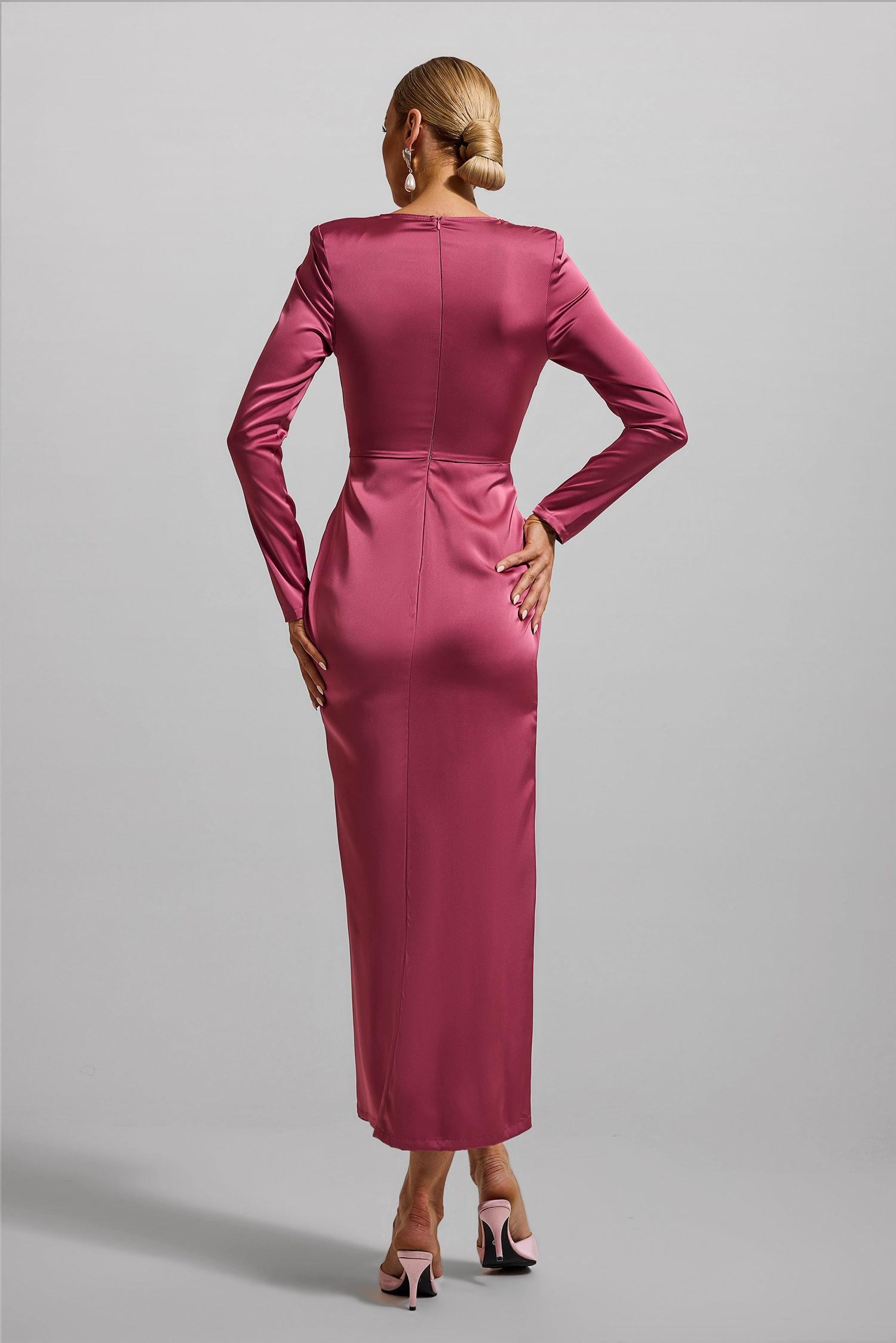 Solid Satin Faux Pearl Knotted Midi Dress