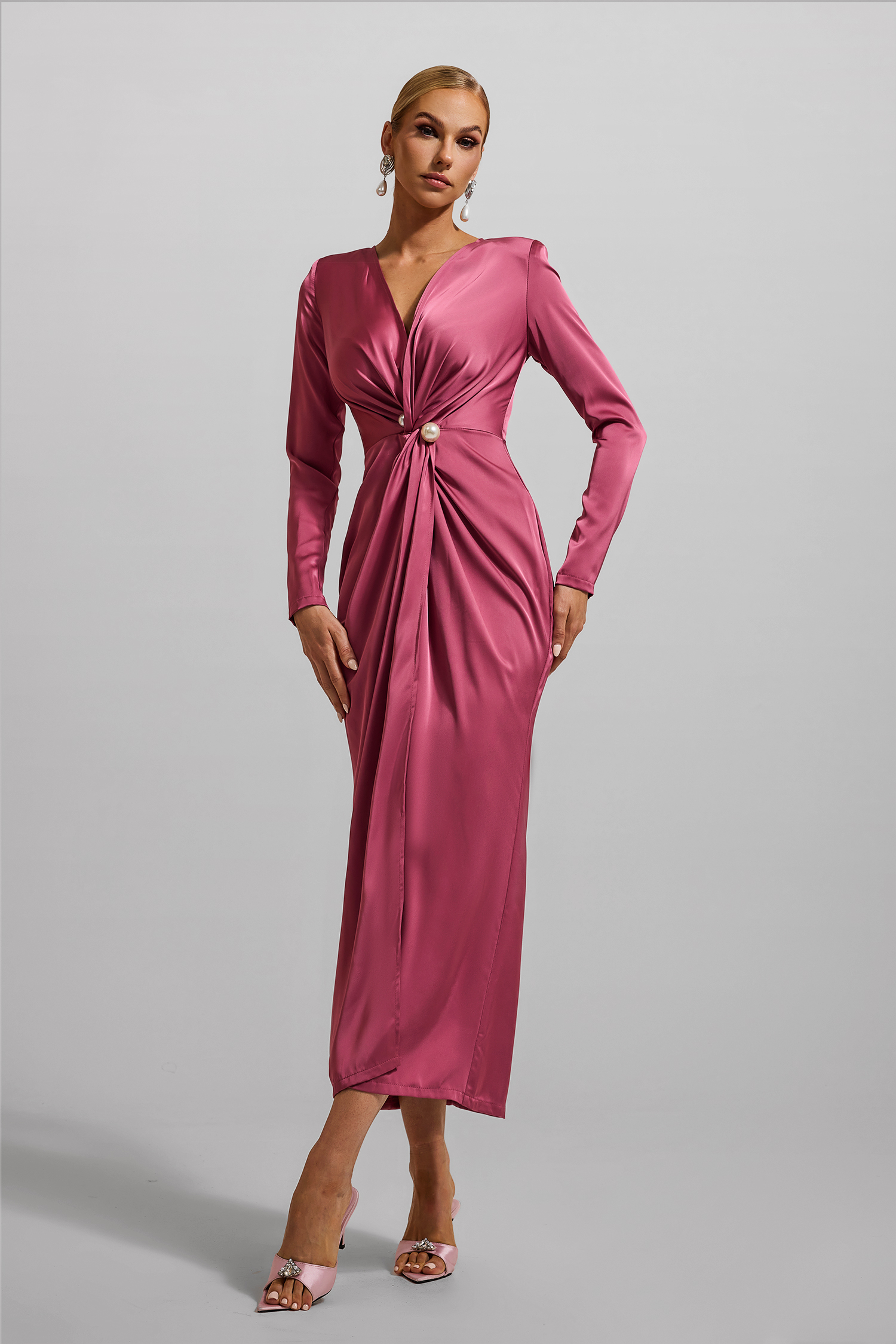Solid Satin Faux Pearl Knotted Midi Dress