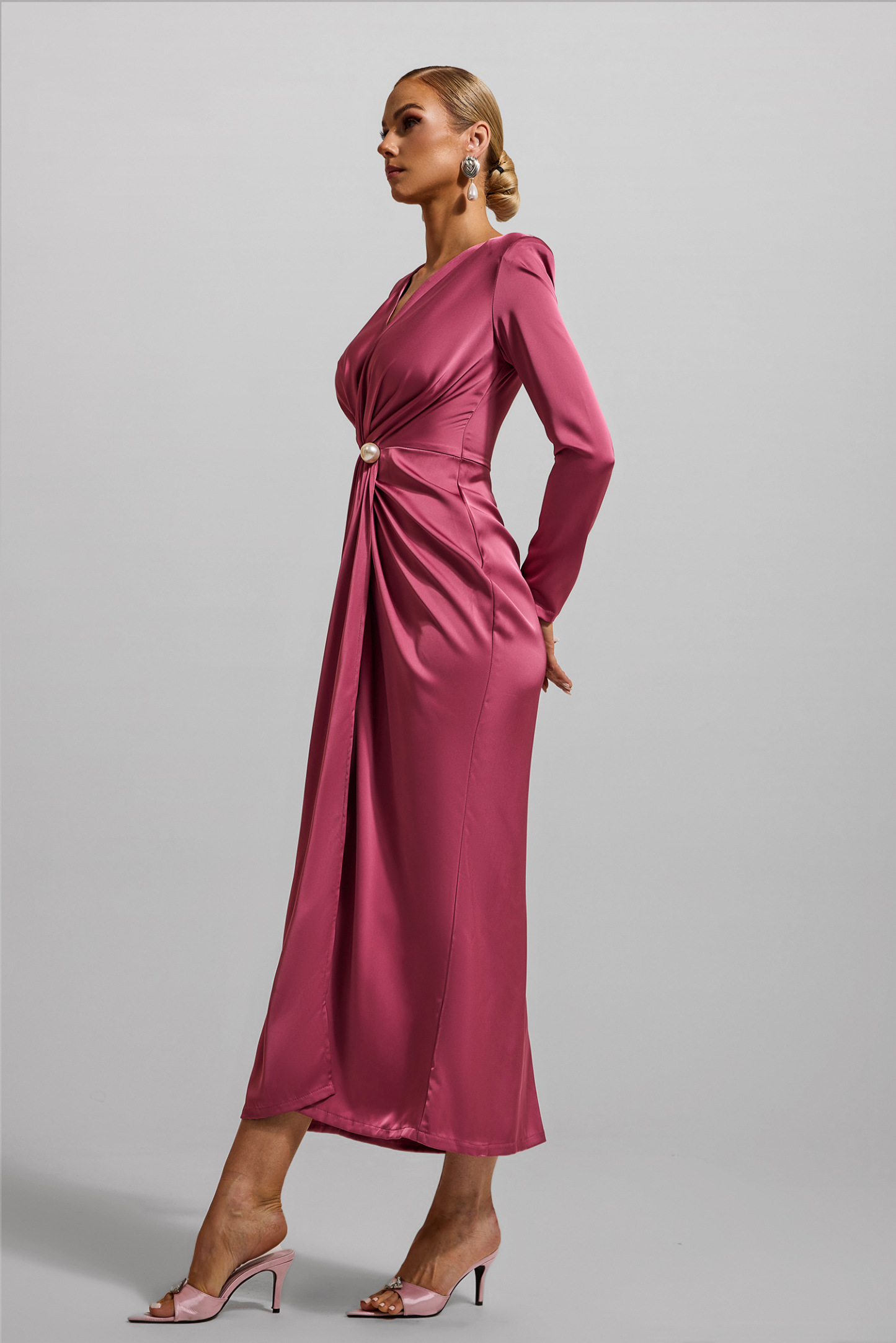 Solid Satin Faux Pearl Knotted Midi Dress