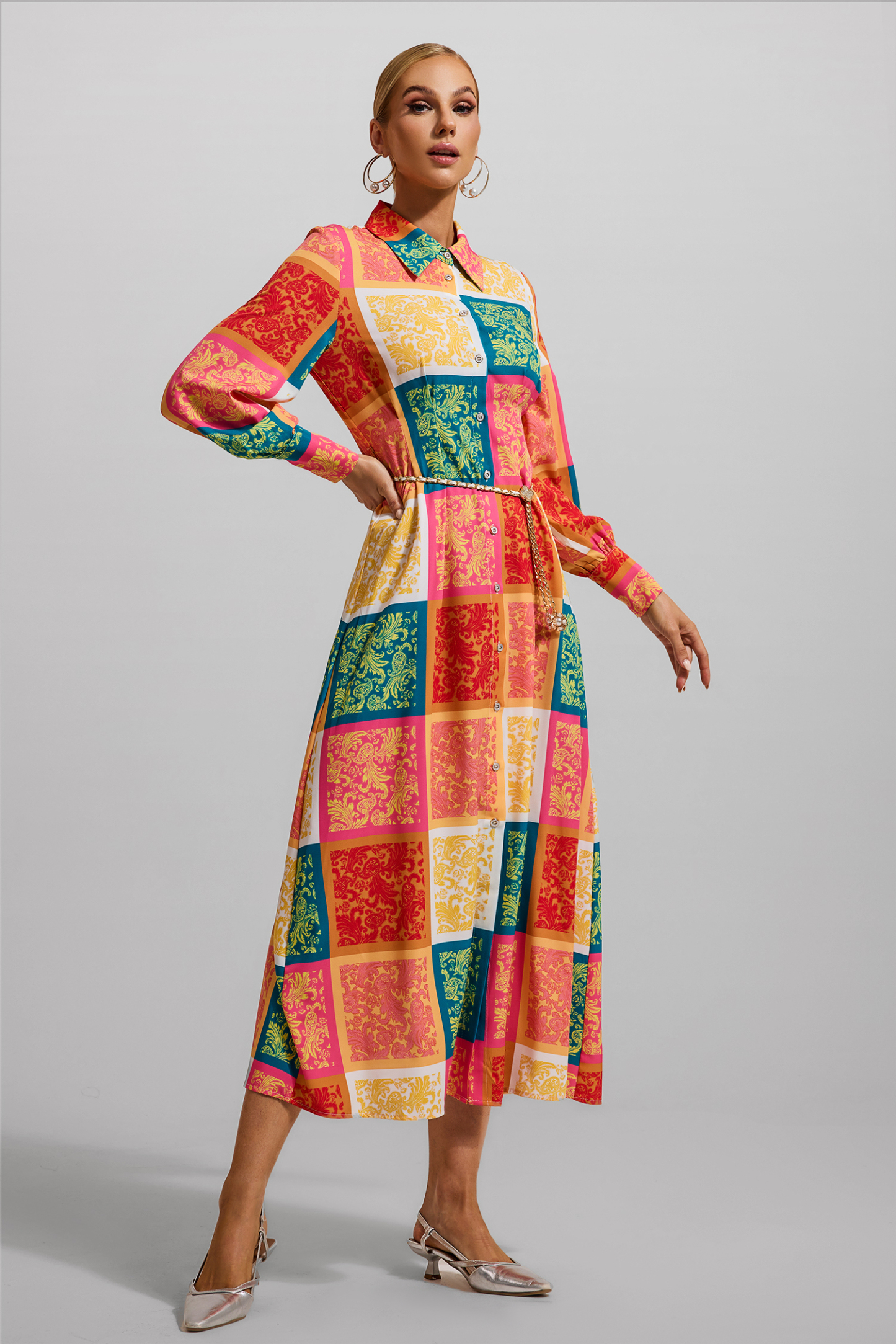 Patchwork Print Shirt Collar Midi Dress With Belt