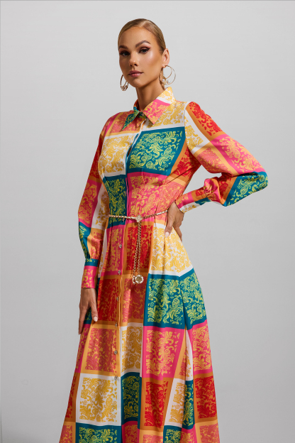 Patchwork Print Shirt Collar Midi Dress With Belt