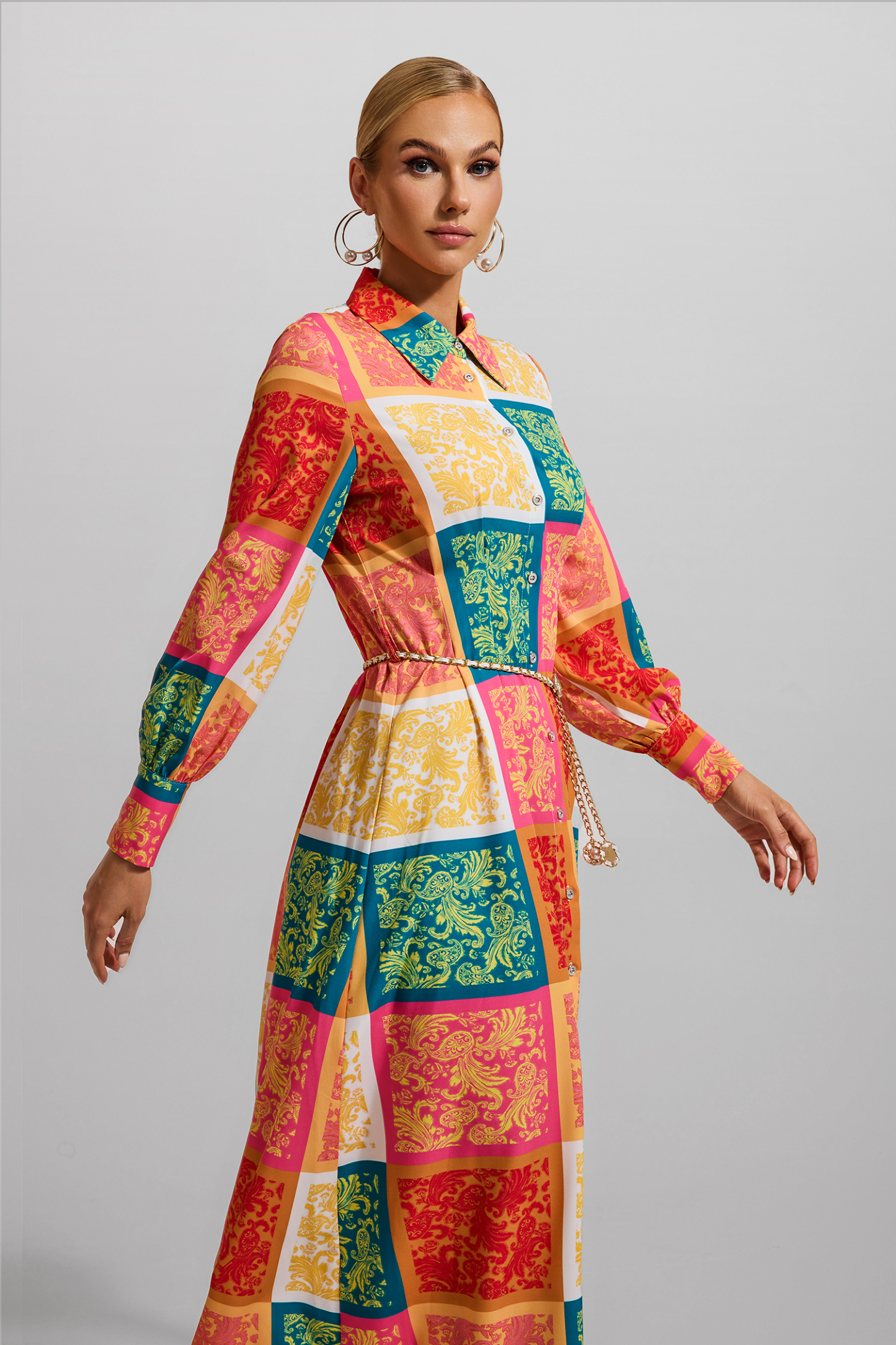 Patchwork Print Shirt Collar Midi Dress With Belt