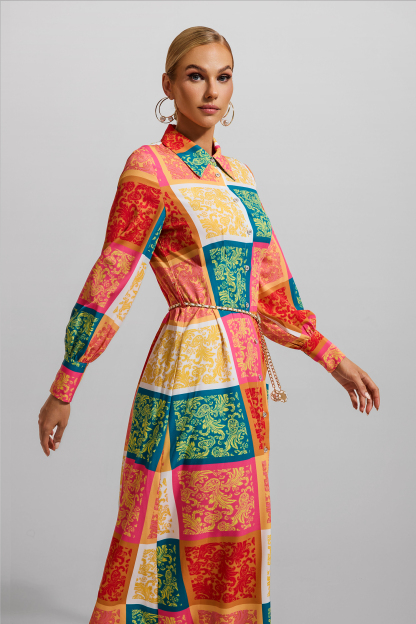 Patchwork Print Shirt Collar Midi Dress With Belt