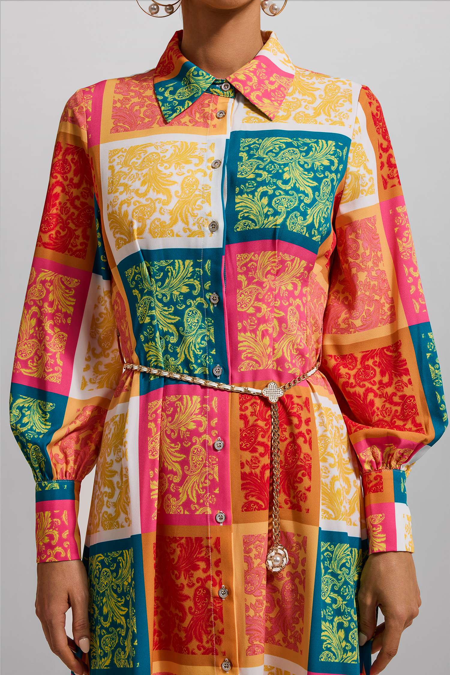 Patchwork Print Shirt Collar Midi Dress With Belt