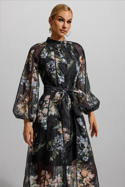 Floral Lantern Sleeve Bottom Midi Dress