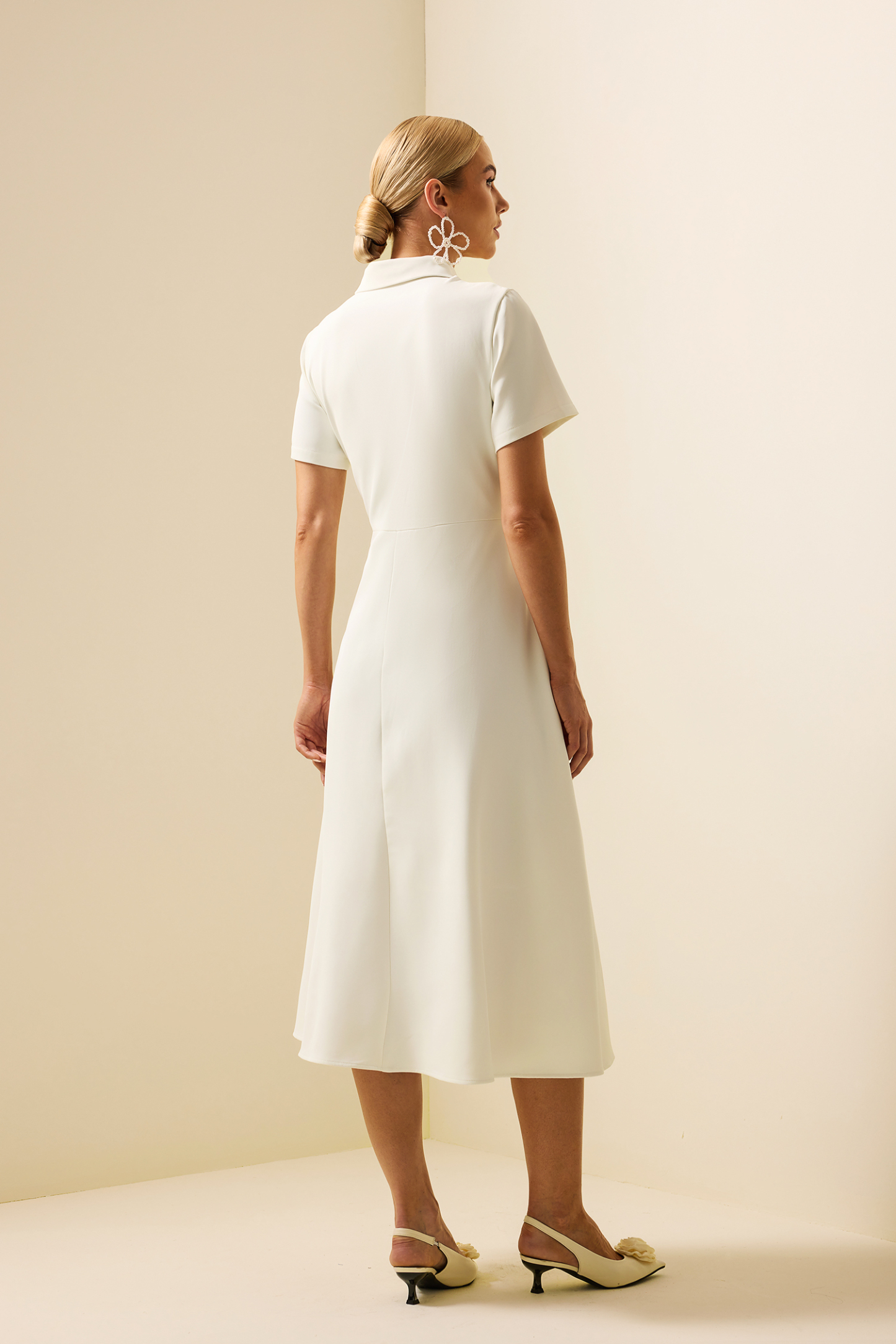 3D Floral Shirt Collar Short Sleeve Midi Dress