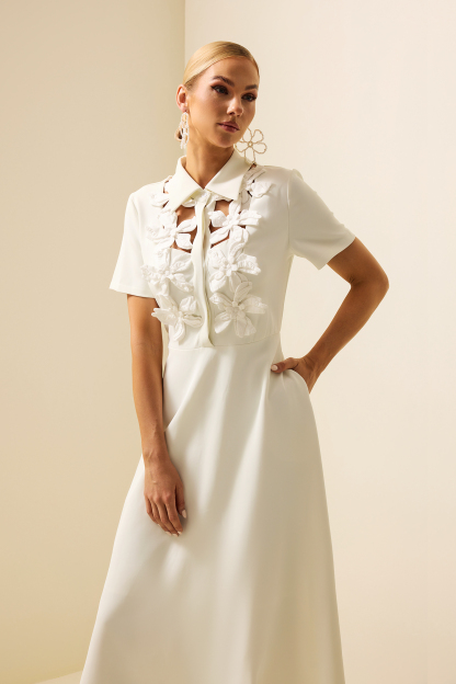 3D Floral Shirt Collar Short Sleeve Midi Dress