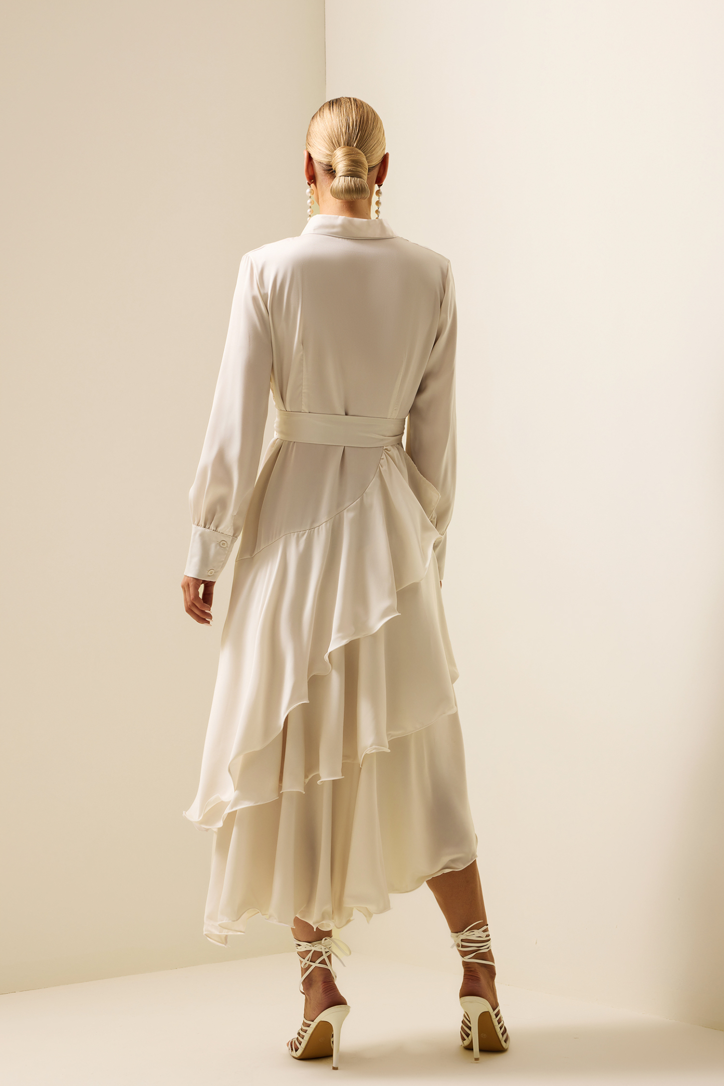 Satin Ruffle Lantern Sleeve Midi Dress