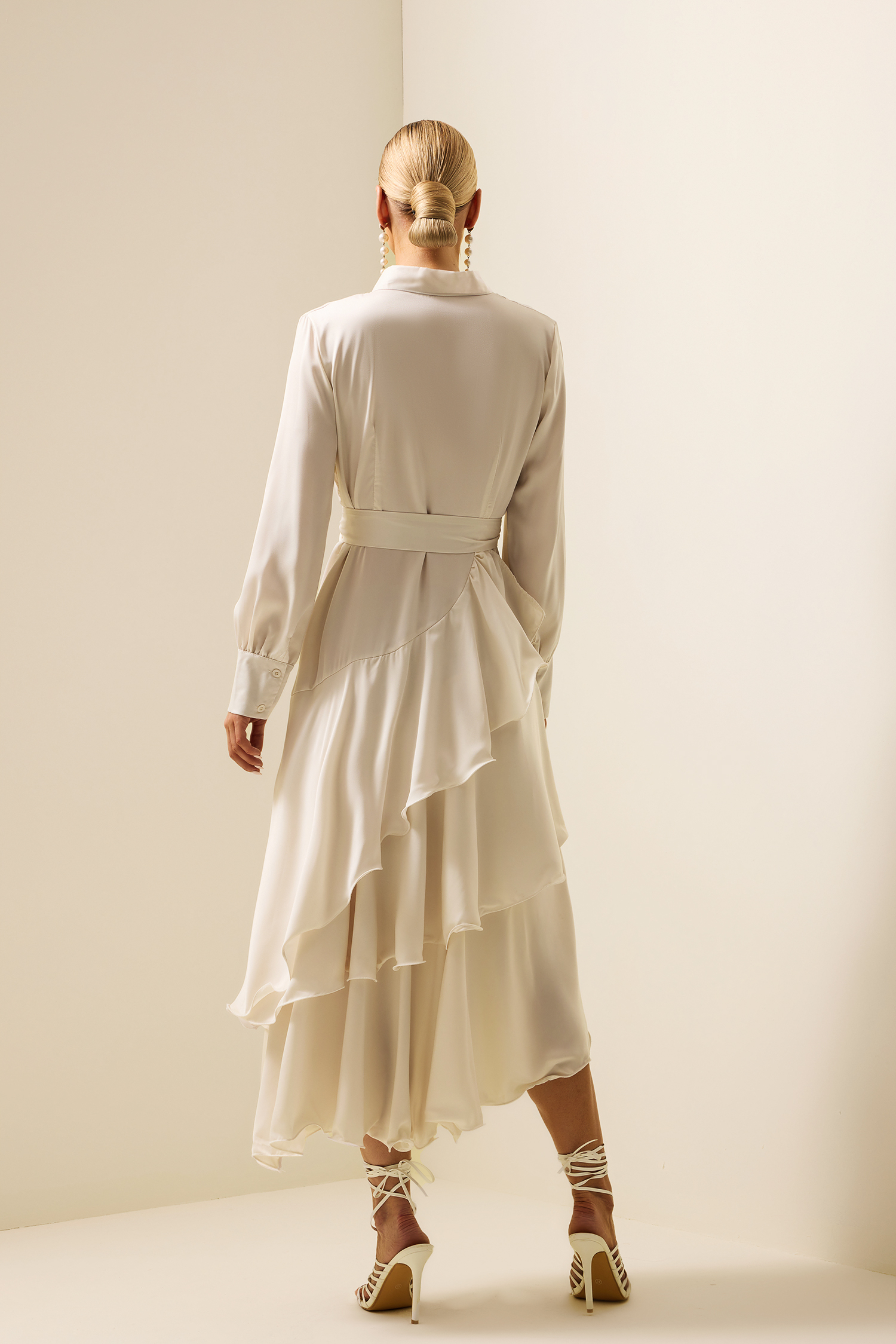 Satin Ruffle Lantern Sleeve Midi Dress
