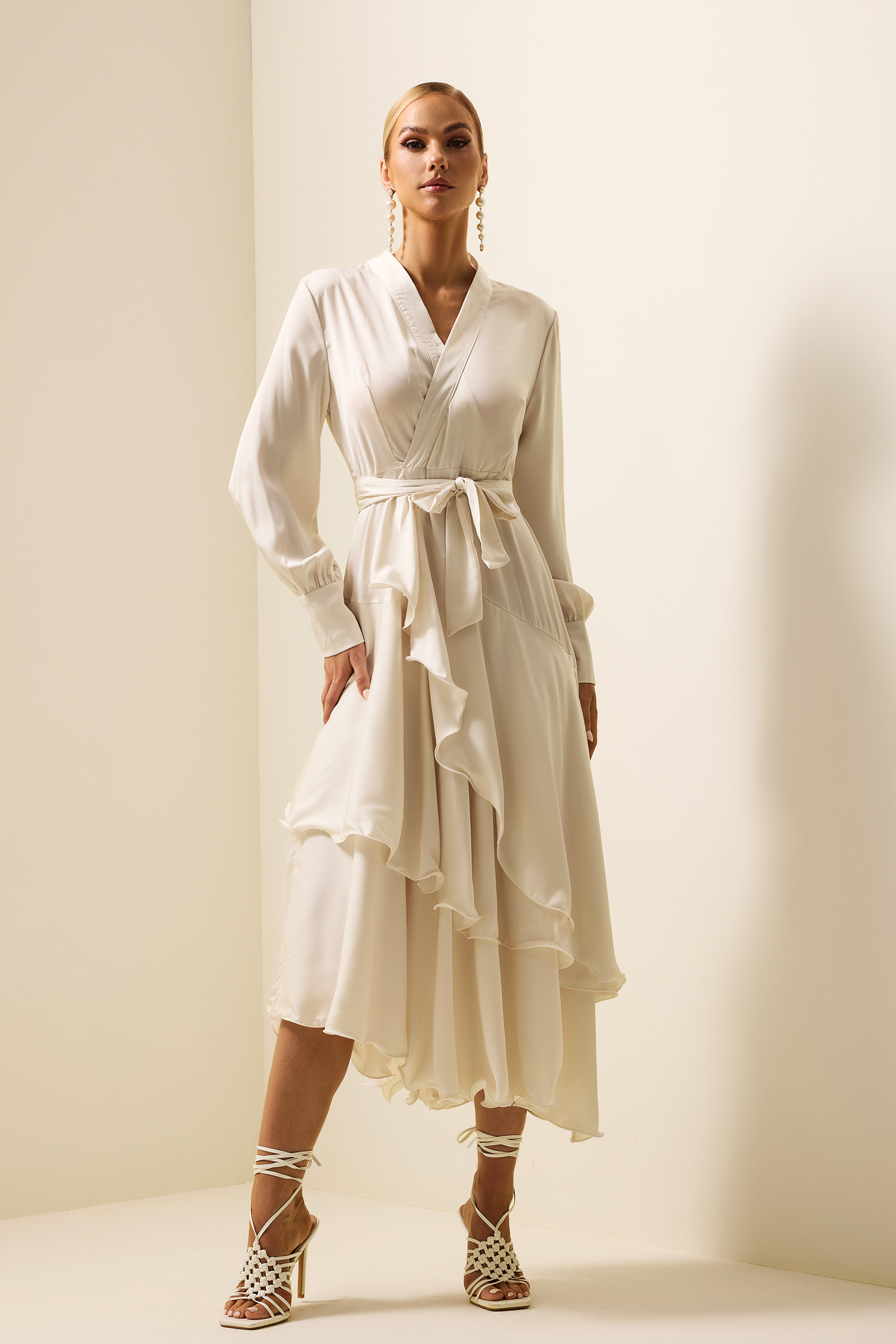 Satin Ruffle Lantern Sleeve Midi Dress
