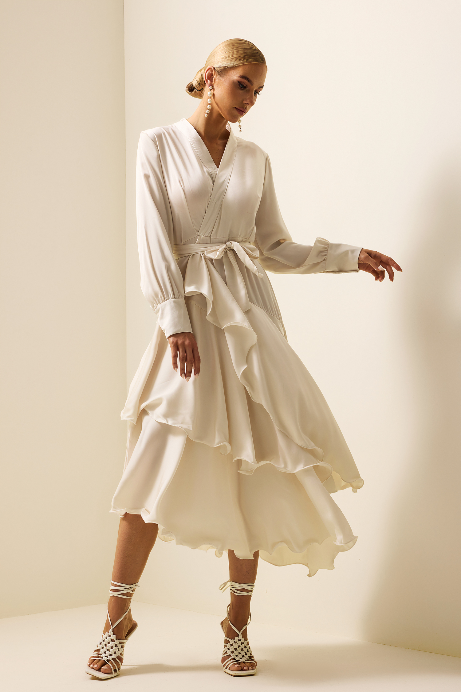 Satin Ruffle Lantern Sleeve Midi Dress
