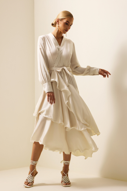 Satin Ruffle Lantern Sleeve Midi Dress