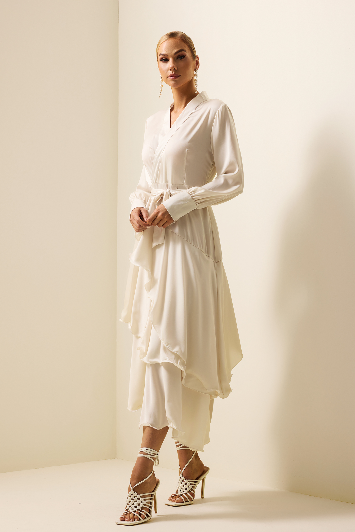 Satin Ruffle Lantern Sleeve Midi Dress