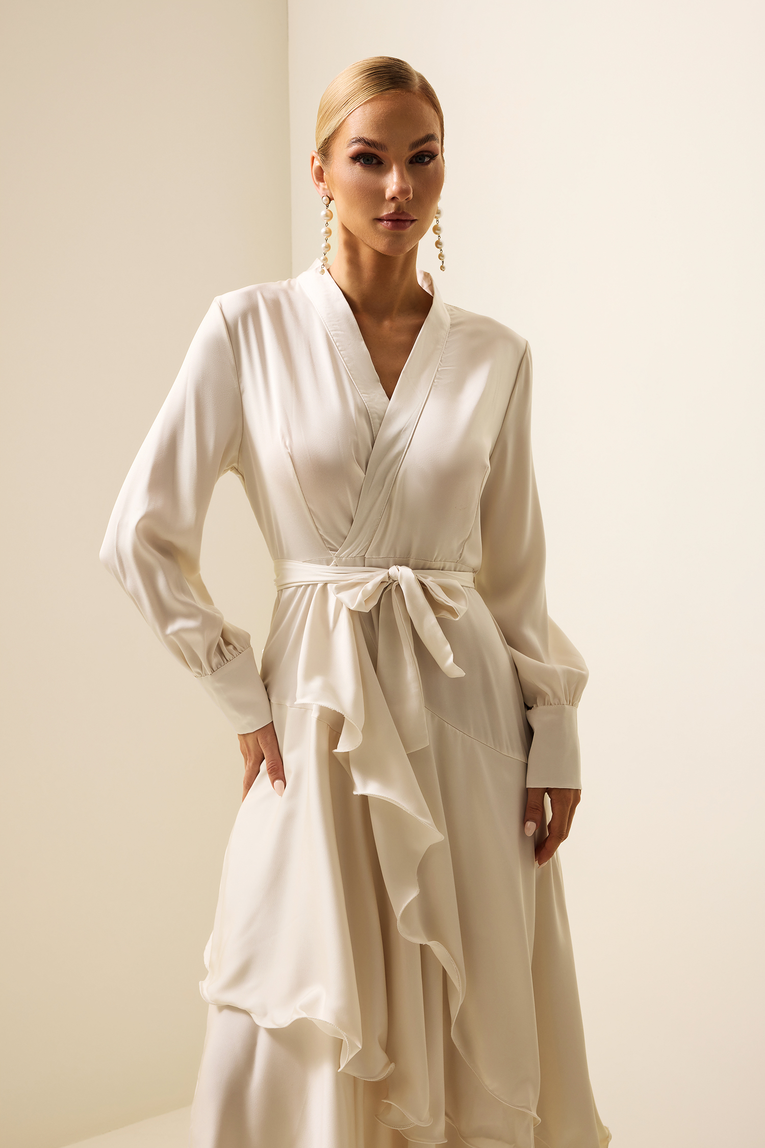 Satin Ruffle Lantern Sleeve Midi Dress