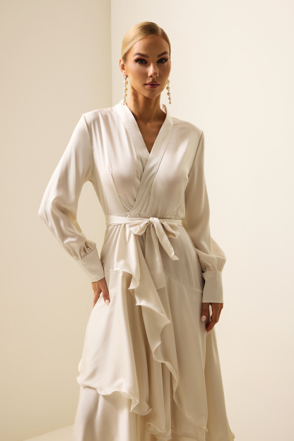 Satin Ruffle Lantern Sleeve Midi Dress